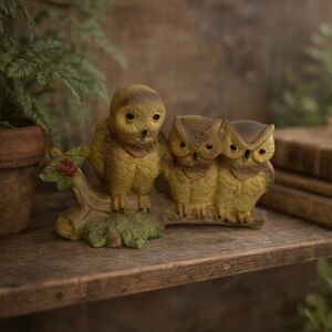 Vintage Owl Family Figurine | Rustic Woodland Shelf Decor | Estate Find